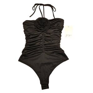 NWT Bodysuit with Rosette Black Halter Tube Top Shirt Ruched Sleeveless XS Gaze
